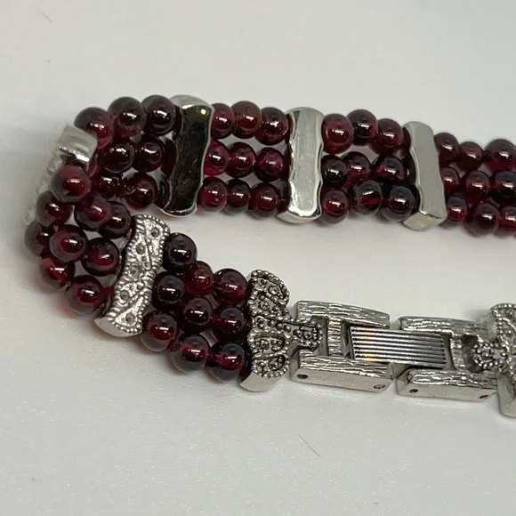 Vintage Marcasite, silver and Red Garnet Triple Row Beaded Bracelet - Picture 5 of 11